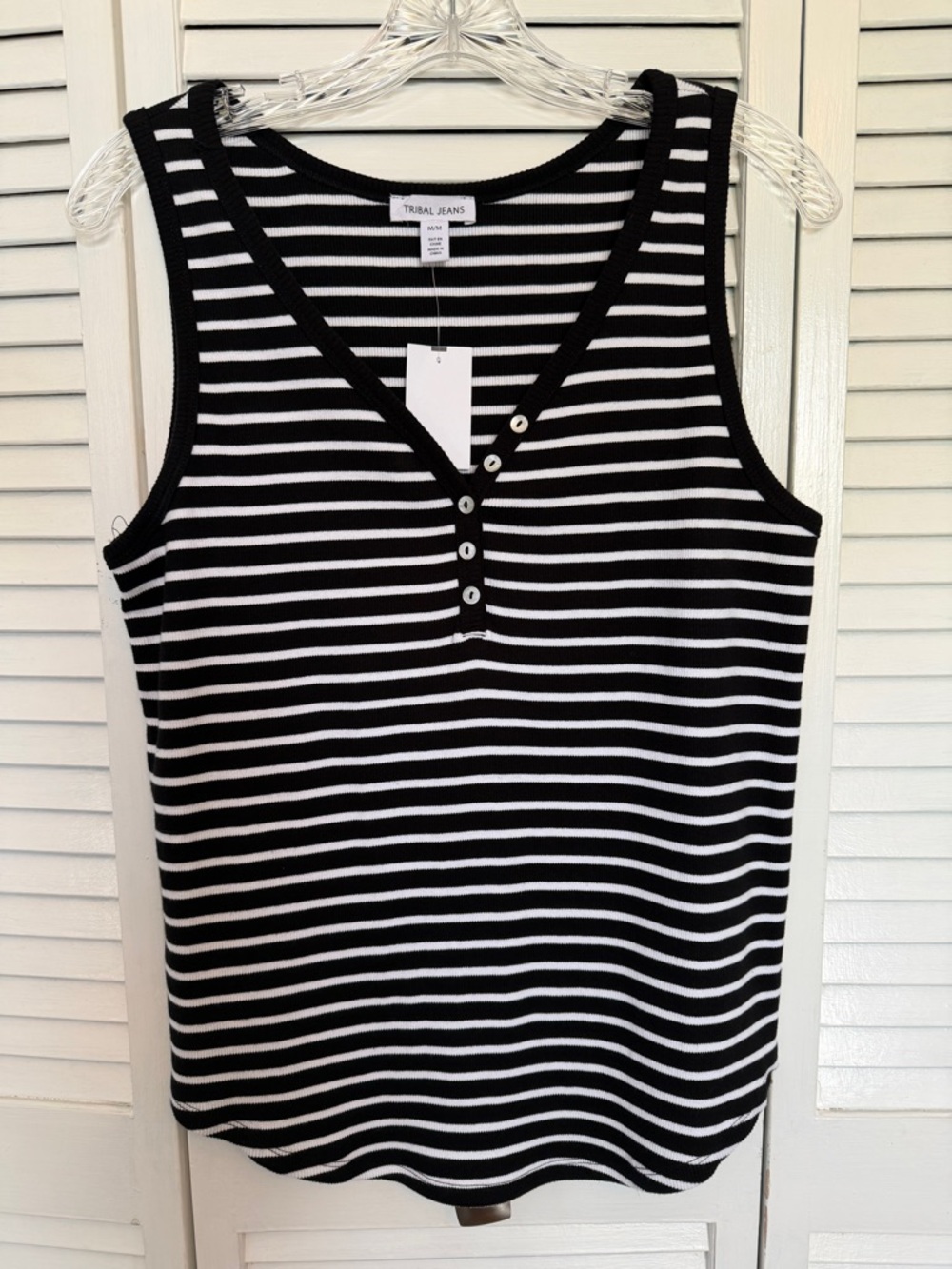 Tribal Jeans- Black & White Striped V-Neck Tank